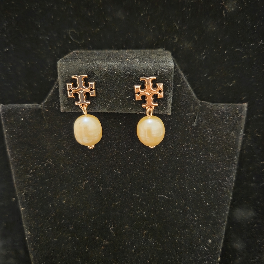 Tory Burch Logo Moondance Rose Gold Pearl Drop Earrings